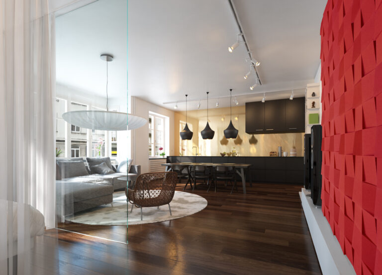 Red chock-shaped acoustic panel for modern interiors